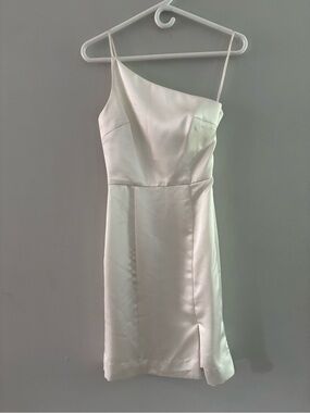 Amsale White Satin One Shoulder Mini Dress 0 Bridal Bachelorette Rehearsal Luxe